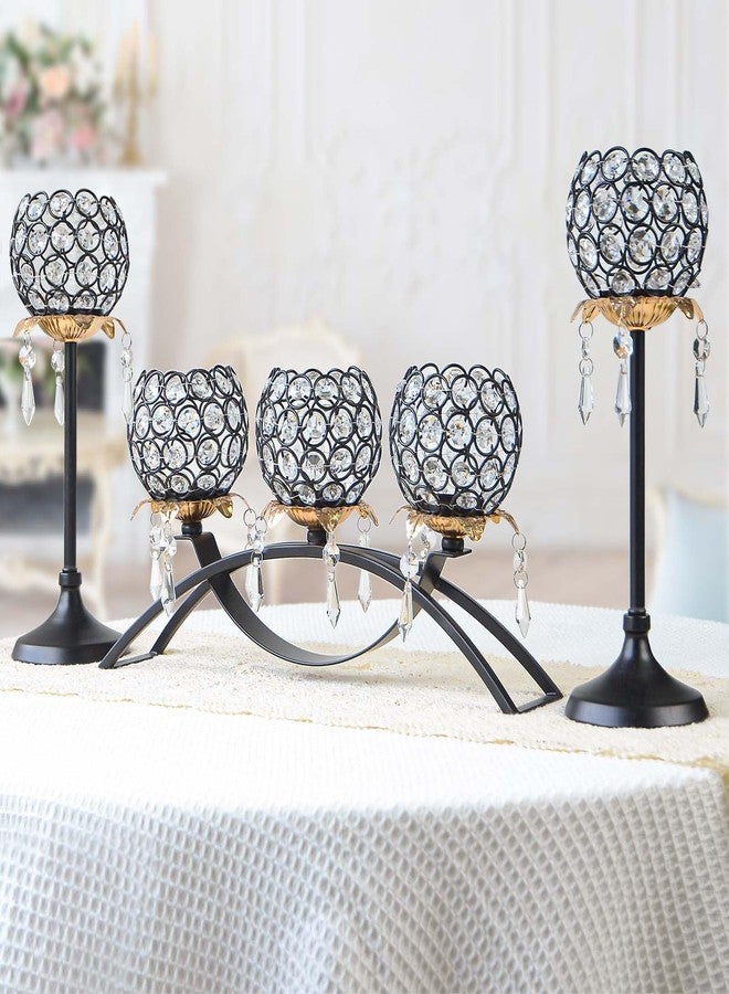Kehail Set of 3 Gold Crystal Tea Light Candlestick Holders Flower Shape with Crystal Pendant Bowl Votive Metal Candle Holder for Table Centerpieces Wedding Home Decor (Set of 3, Black+Gold) - Image 2